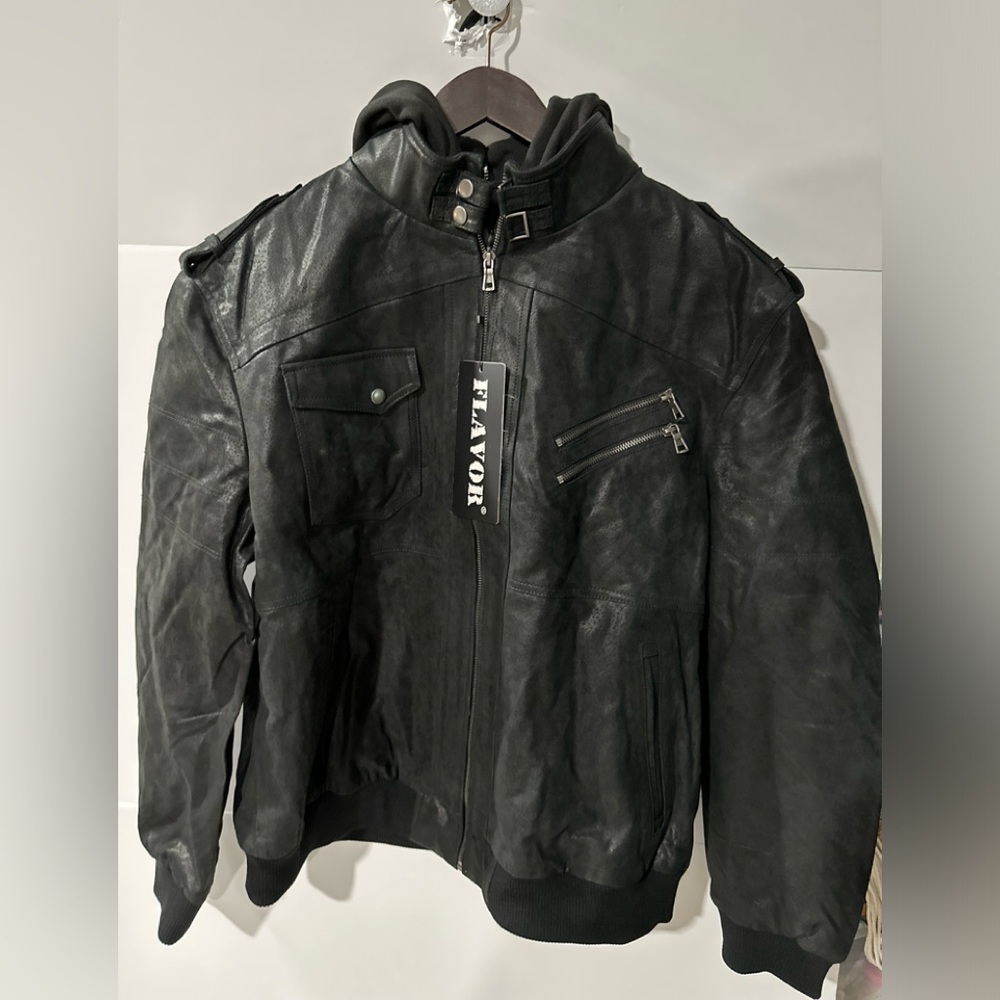 NWT FLAVOR Men’s‎ Leather Biker Jacket w/ Zip Out Hood